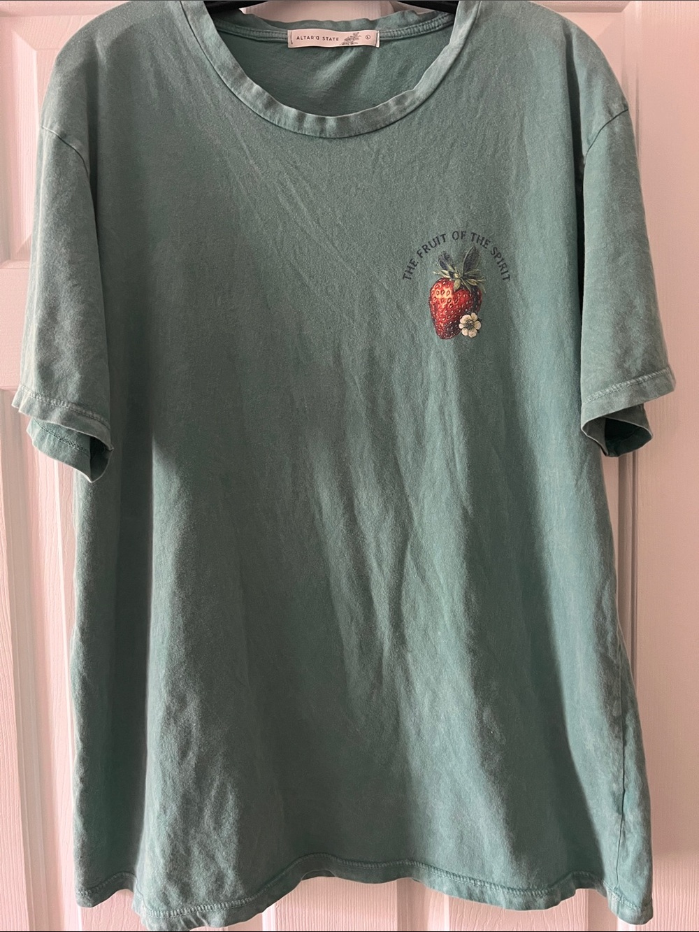 Altar'd State Sage Green Short Sleeve Tee with Strawberry Chest Graphic